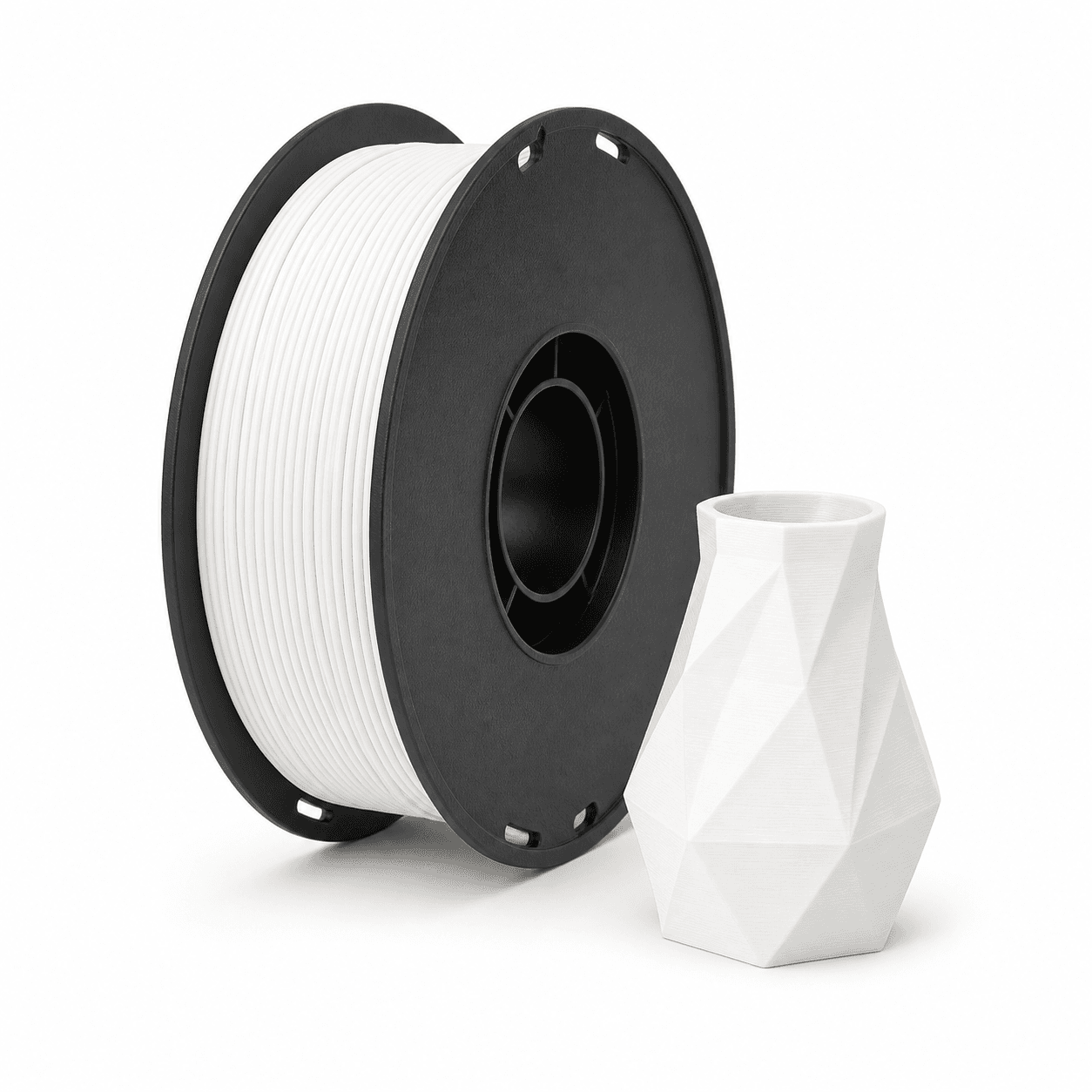 Rolă de filament PLA alb și un obiect geometric imprimat 3D